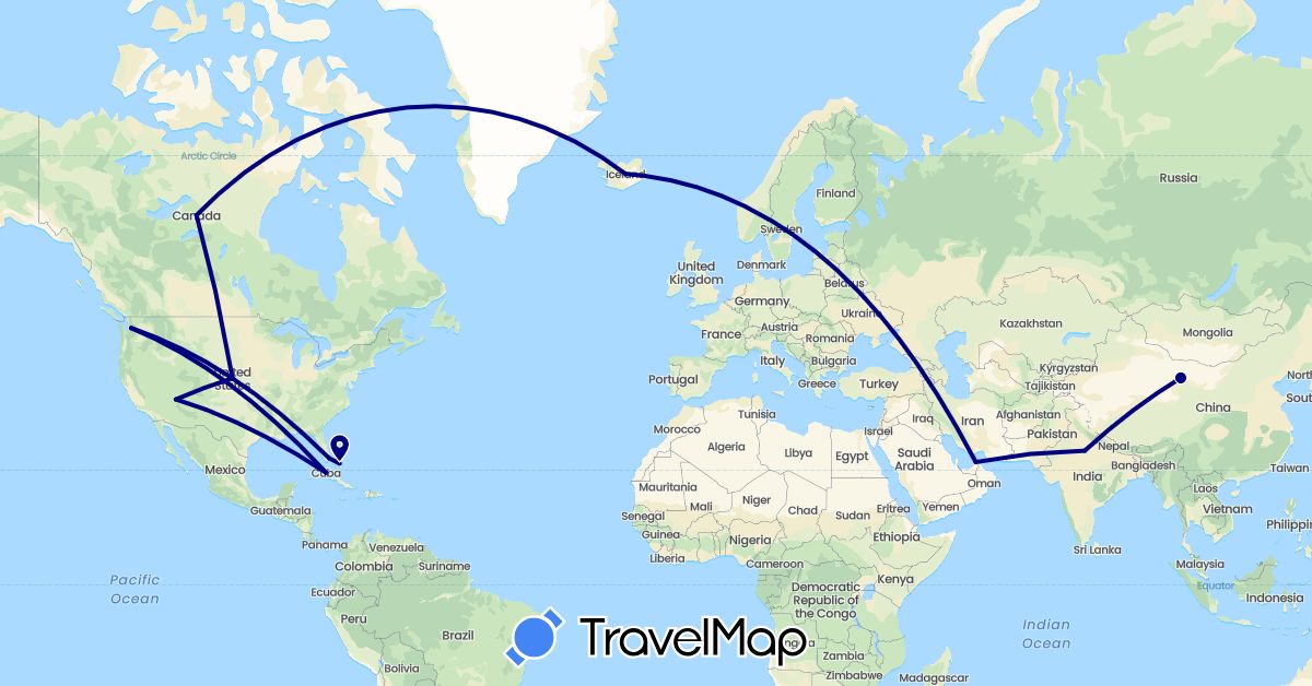 TravelMap itinerary: driving in United Arab Emirates, Bahamas, Canada, China, Cuba, India, Iceland, United States (Asia, Europe, North America)